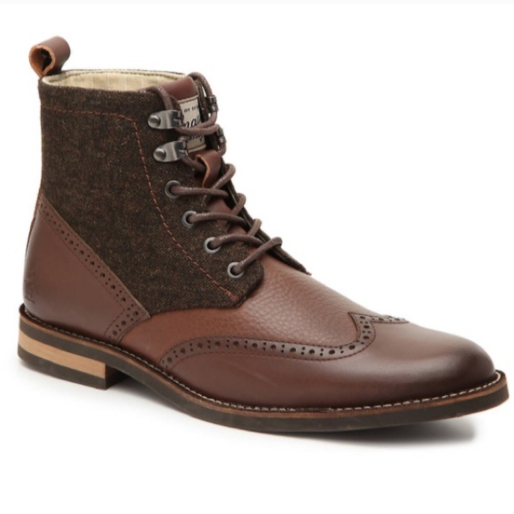 Penguin Nathan Wingtip Dark Brown Leather Boots Fleece Detail Size 10.5